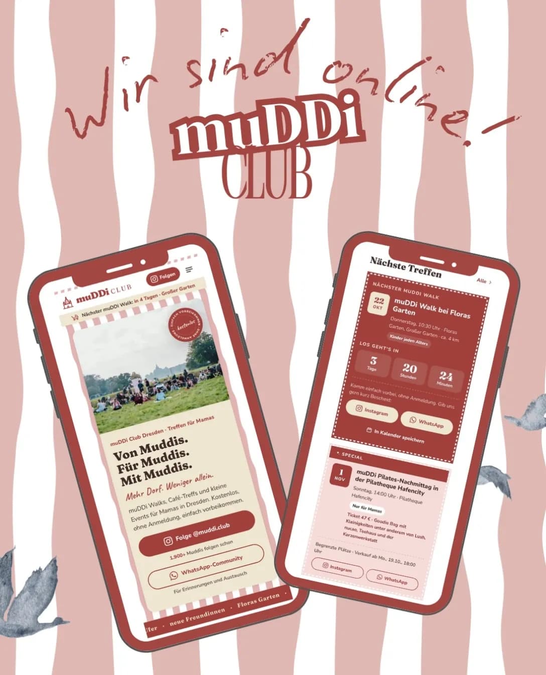 Rot-weiß gestreifte Grafik mit der Schrift Wir sind online und dem muDDi Club Logo, davor zwei Smartphones mit der neuen Website.