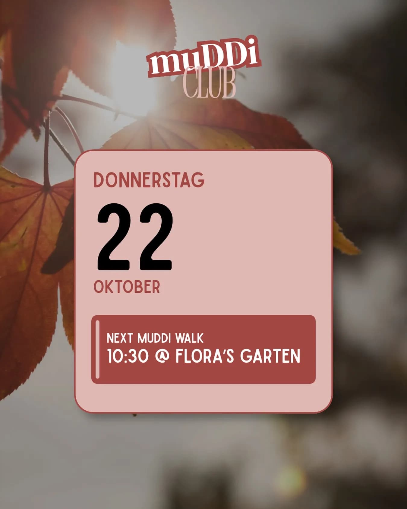 Graphik mit muDDi Club Logo vor herbstlichen Blättern: Donnerstag, 22. Oktober, nächster muDDi Walk um 10:30 Uhr bei Flora's Garten.